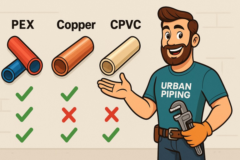 Illustration comparing PEX, copper, and CPVC pipes as poly b plumbing alternatives with an Urban Piping expert presenting recommendations