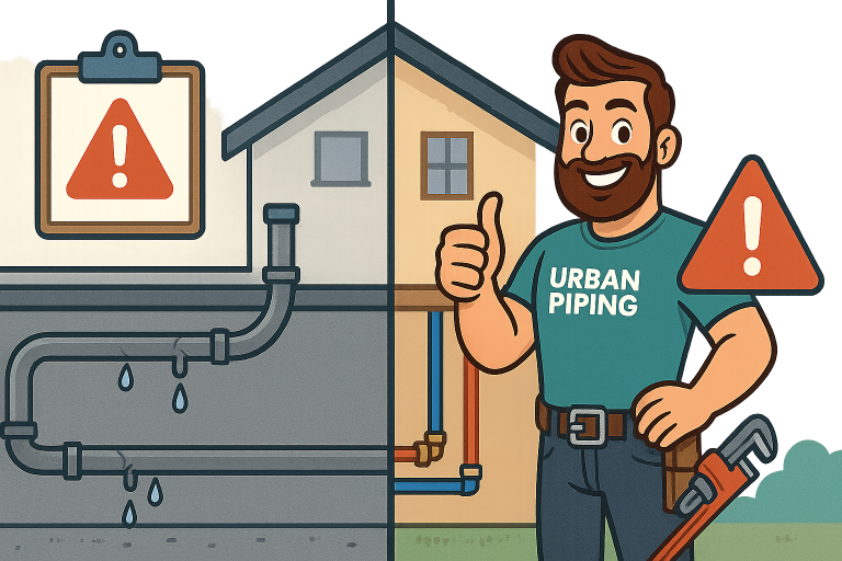 Illustration comparing leaky Poly B plumbing with a solution provided by an Urban Piping technician giving a thumbs up, representing plumbing alternatives in a residential setting