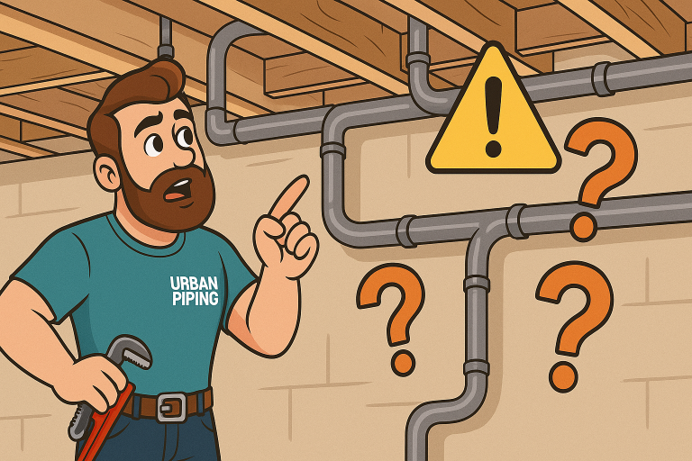 Cartoon plumber in Urban Piping shirt pointing at grey Poly B pipes in a basement ceiling with warning sign and question marks indicating concern