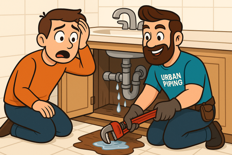 Professional Urban Piping plumber fixing a leaking pipe under a kitchen sink while a worried homeowner watches, illustrating Poly B replacement warranty service in Calgary, Edmonton, and Vancouver