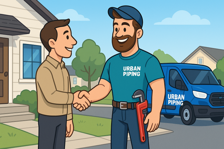 Urban Piping technician shaking hands with a happy homeowner outside a house, standing beside a branded service van, reflecting Poly B replacement warranty services in Calgary, Edmonton, and Vancouver