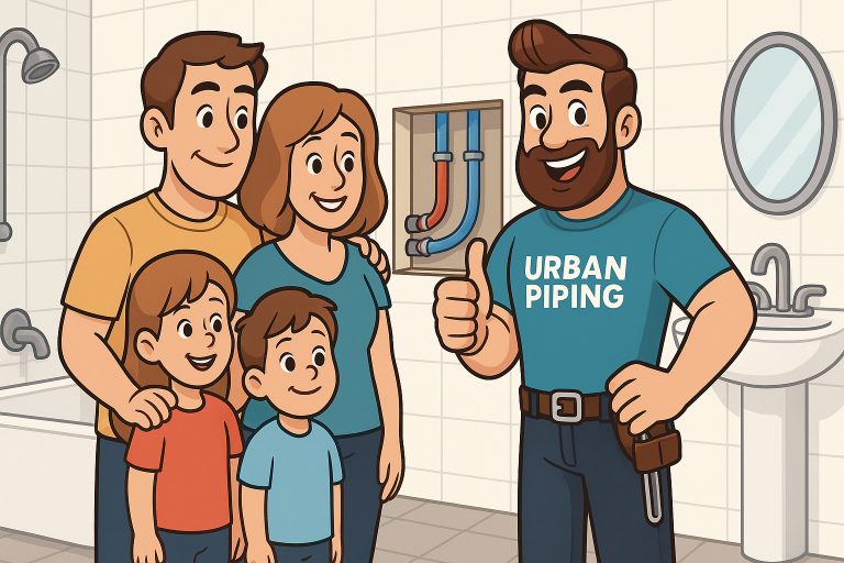 Smiling Urban Piping technician gives a thumbs up next to a happy family in a modern bathroom, highlighting Poly B piping replacement in Calgary, Edmonton, and Vancouver