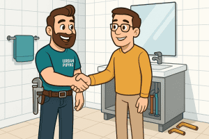 Cartoon plumber wearing Urban Piping shirt shaking hands with a happy homeowner in a tiled bathroom, plumbing tools and exposed pipes visible near the sink