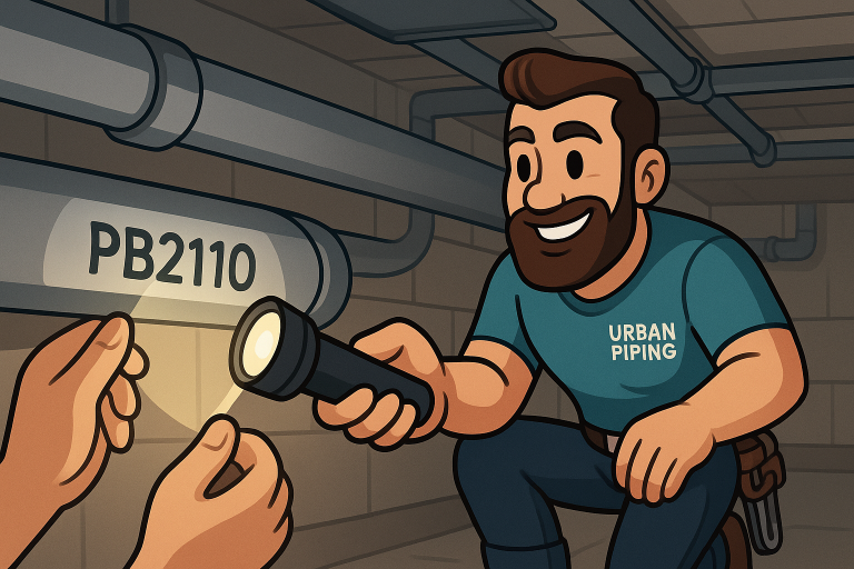 Understanding Poly B Pipe Materials: Composition, Risks & Calgary Impact 2 Technician from Urban Piping inspecting Poly B materials in residential basement piping using a flashlight, highlighting PB2110 label