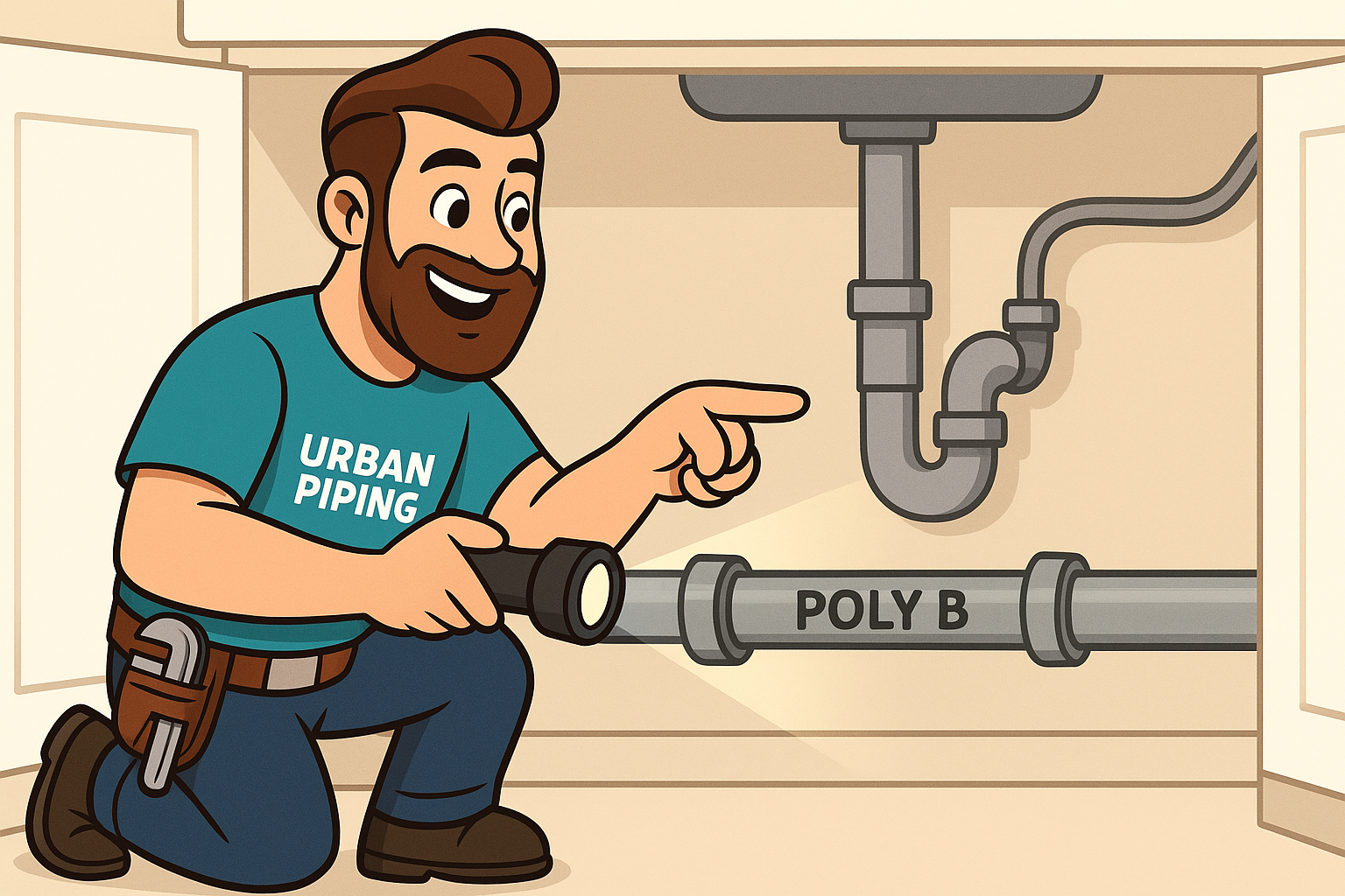 Animated Urban Piping technician inspecting Poly B pipe under a sink with a flashlight, identifying need for replacement in home plumbing