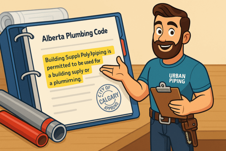 Identifying Poly B Pipes in Canadian Homes: National Visual Guide 2 Illustration of a plumber in an Urban Piping shirt holding a clipboard and pointing to an Alberta Plumbing Code binder referencing poly b piping, with highlighted text and city of Calgary approval stamp on the document
