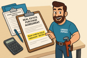 Cartoon plumber from Urban Piping standing next to a desk with a real estate purchase agreement highlighting a buyer credit for Poly B replacement, home inspection report, pen, and calculator.