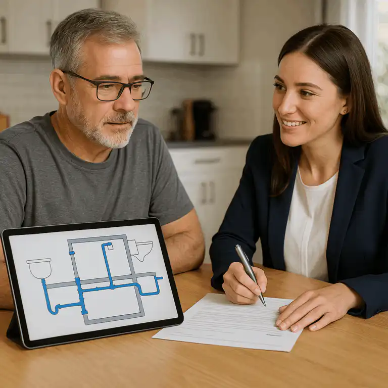 A middle-aged man and a professional woman discuss selling a house with poly b piping, referencing a plumbing diagram on a tablet at a kitchen table in Edmonton