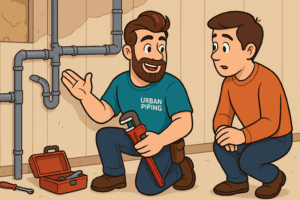 Urban Piping plumber showing a homeowner how to identify poly b pipes during a basement inspection with plumbing tools in Edmonton