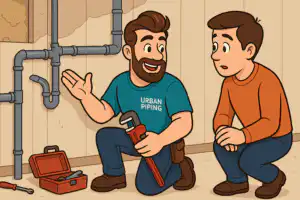 Urban Piping plumber showing a homeowner how to identify poly b pipes during a basement inspection with plumbing tools in Edmonton