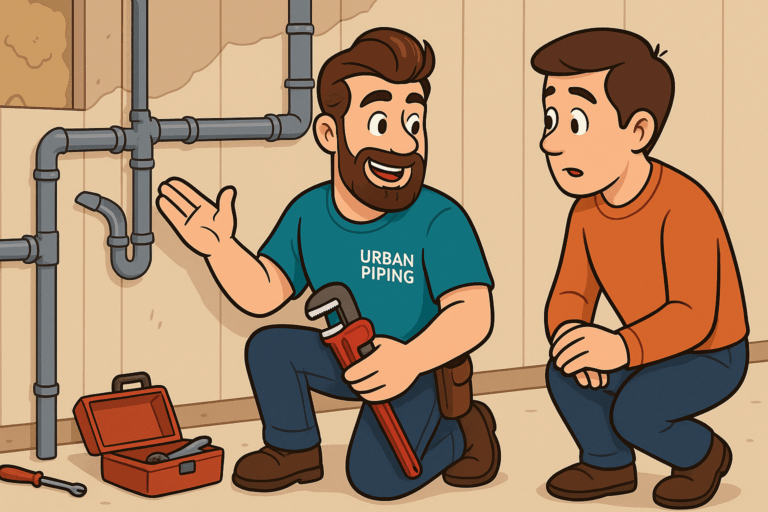 Urban Piping plumber showing a homeowner how to identify poly b pipes during a basement inspection with plumbing tools in Edmonton