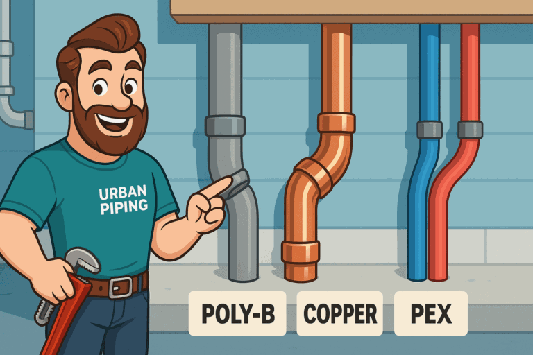 Vancouver Condo Poly B Repiping: Strata Process, Costs & Timeline 2 Cartoon plumber in Urban Piping shirt pointing at three types of pipes labeled Poly-B, Copper, and PEX inside a wall, showing how to identify them visually