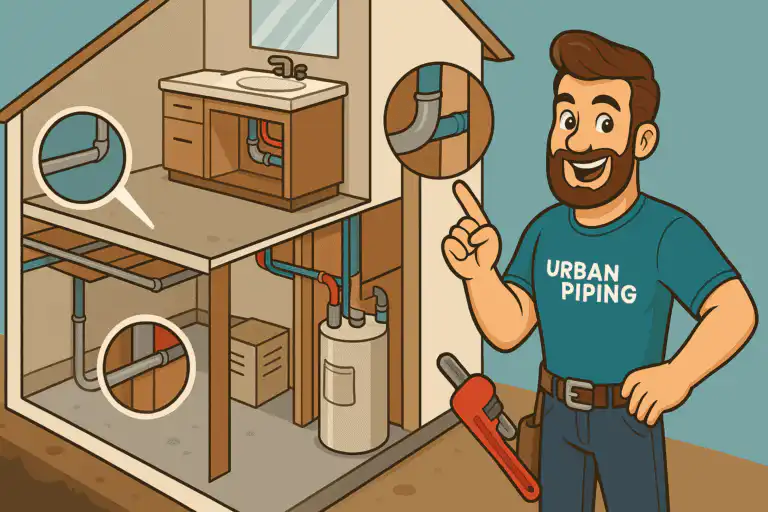 Illustrated home cross-section showing plumber inspecting pipes for poly b with close-ups of grey poly b pipes under a sink and in a basement, Urban Piping technician guiding homeowners