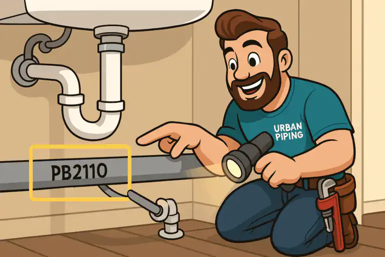Plumber from Urban Piping kneeling under a sink with a flashlight pointing at a pipe labeled PB2110, identifying poly b plumbing in a home setting