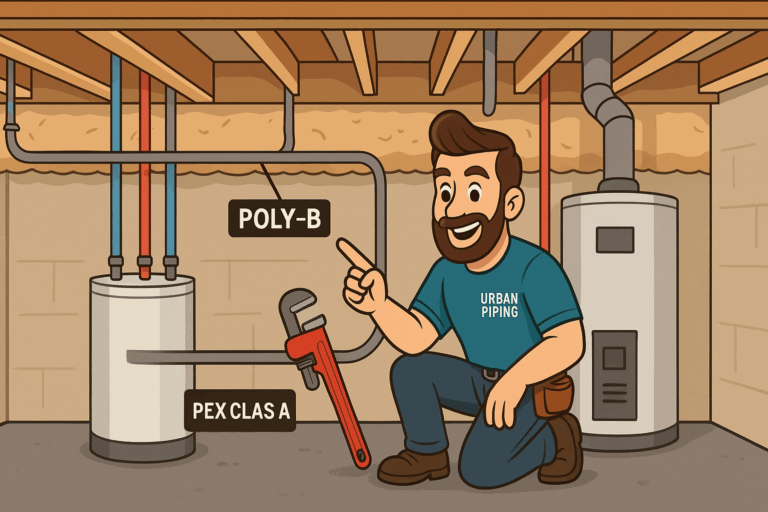 Cartoon plumber in an Urban Piping shirt kneeling beside basement hot water tank, pointing to labeled Poly-B and PEX Class A pipes showing differences in a typical Edmonton home