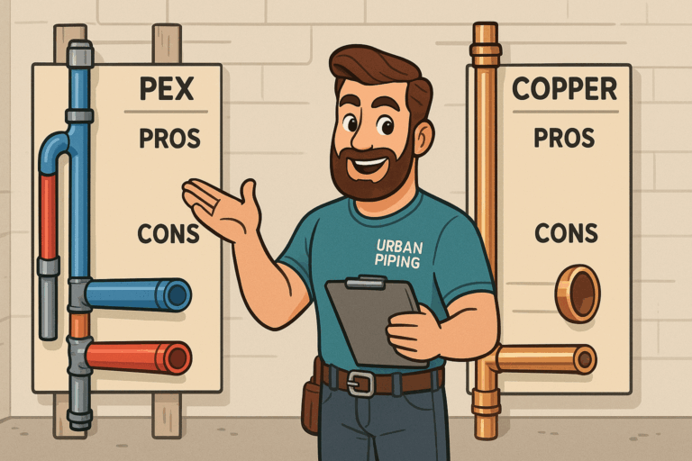 Cartoon plumber in Urban Piping shirt presenting PEX and copper pipes comparison chart for pros and cons showing pipe options for poly b replacement