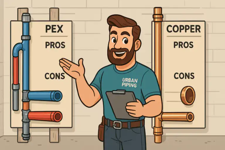 Cartoon plumber in Urban Piping shirt presenting PEX and copper pipes comparison chart for pros and cons showing pipe options for poly b replacement
