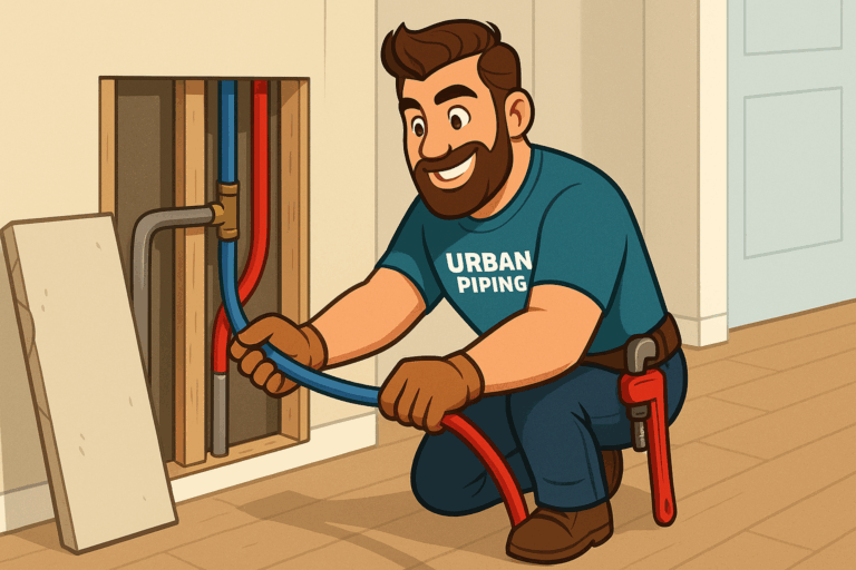 Illustration of a smiling plumber from Urban Piping working on exposed poly b pipes inside a residential wall, preparing for a pipe replacement in a Calgary home
