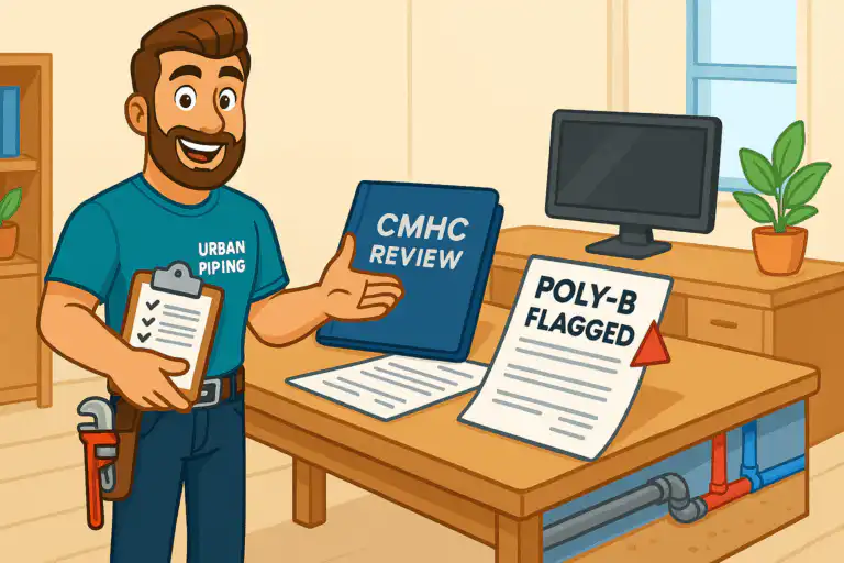 Illustration of a smiling Urban Piping technician holding a checklist and standing beside a desk with CMHC review documents and a poly-b flagged report, pipes visible under the desk, in an office setting.