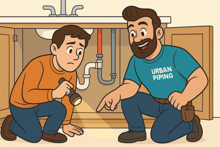 Urban Piping technician and concerned homeowner inspecting pipes under a kitchen sink for Poly B failure signs using a flashlight