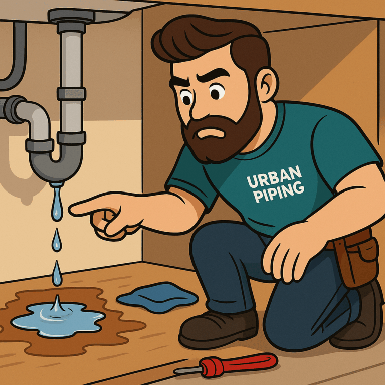 Plumber from Urban Piping inspecting a leaking pipe under a kitchen sink, demonstrating Poly B failure signs such as water leaks and pooling under the pipes