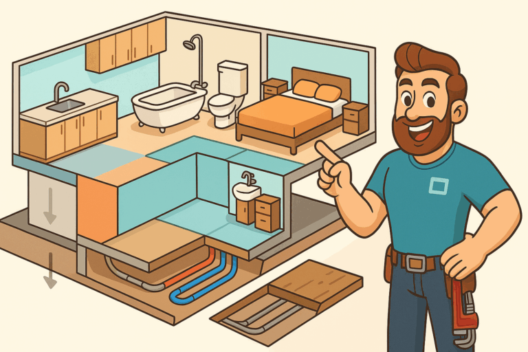 Illustration of a plumber explaining in-floor heating replacement in a cutaway of a home with kitchen, bathroom, bedroom, and exposed piping under the flooring, highlighting poly b piping solutions in Calgary