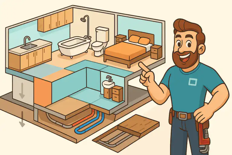 Illustration of a plumber explaining in-floor heating replacement in a cutaway of a home with kitchen, bathroom, bedroom, and exposed piping under the flooring, highlighting poly b piping solutions in Calgary