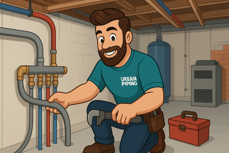 Cartoon plumber from Urban Piping repairing poly b in-floor heating system in a Calgary basement with visible pipes, tools, and mechanical equipment