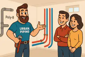 Urban Piping technician explaining poly b in-floor heating replacement to homeowners in a basement with new piping visible on the wall