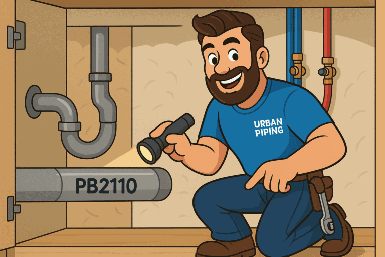 Insurance Coverage for Poly B Water Damage in Canada: What's Covered? 2 Urban Piping plumber inspecting grey PB2110 poly b pipe under kitchen sink with flashlight for water damage risk in Calgary Edmonton Vancouver