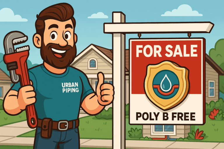 Cartoon plumber from Urban Piping stands with a wrench next to a house for sale sign that reads Poly B Free, symbolizing homes in Calgary and surrounding areas upgraded to qualify for Poly B insurance.