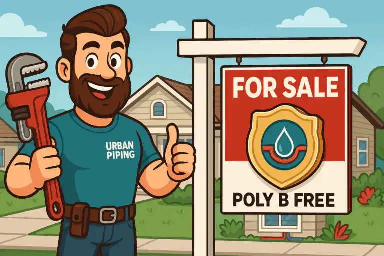 Cartoon plumber from Urban Piping stands with a wrench next to a house for sale sign that reads Poly B Free, symbolizing homes in Calgary and surrounding areas upgraded to qualify for Poly B insurance.
