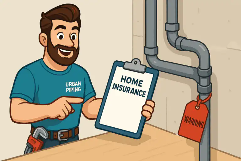 How Poly B Affects Canadian Home Insurance: Risk Assessment Guide 1 Cartoon plumber from Urban Piping holding a clipboard labeled home insurance, pointing to poly b pipes with a visible warning tag in a residential basement setting