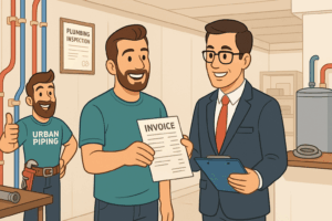 Urban Piping plumber with homeowner discussing insurance invoice with insurance agent during poly b plumbing inspection in a modern utility room