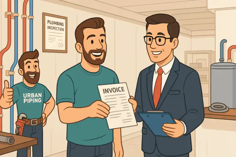 How Poly B Affects Canadian Home Insurance: Risk Assessment Guide 2 Urban Piping plumber with homeowner discussing insurance invoice with insurance agent during poly b plumbing inspection in a modern utility room