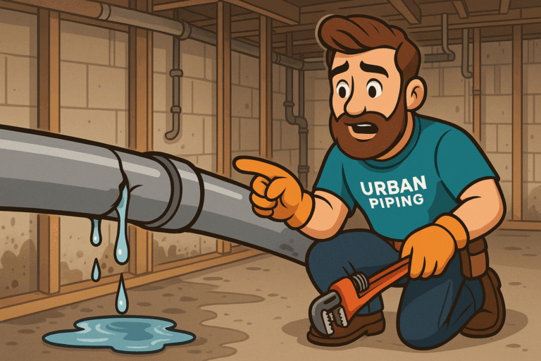 Cartoon plumber wearing Urban Piping shirt kneels in a basement next to a leaking poly b pipe, water dripping onto the floor in an unfinished room
