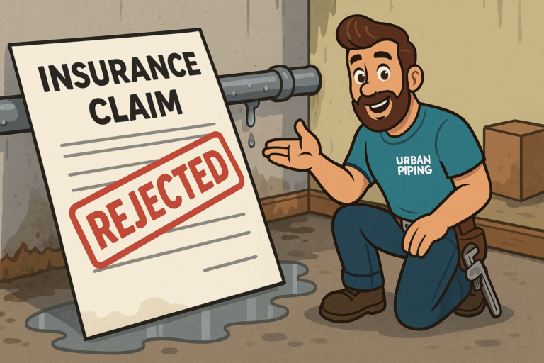 Cartoon plumber from Urban Piping kneeling beside a leaking poly b pipe and a large insurance claim paper stamped rejected, in a basement setting