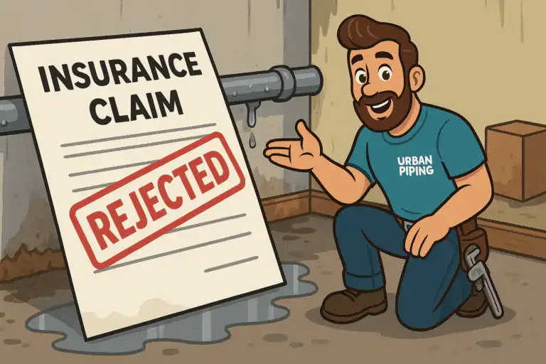 Cartoon plumber from Urban Piping kneeling beside a leaking poly b pipe and a large insurance claim paper stamped rejected, in a basement setting
