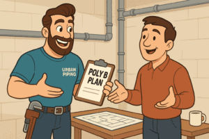 Urban Piping technician discussing a poly b insurance plan with a homeowner in a basement, showing pipes and a blueprint on the table