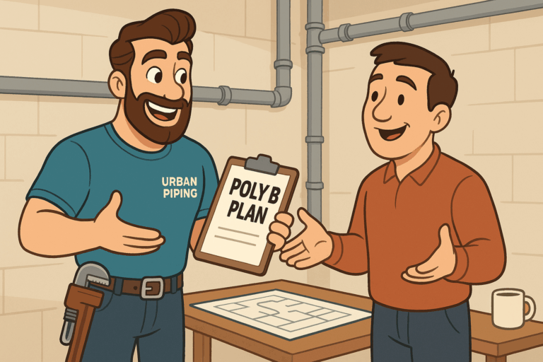 Urban Piping technician discussing a poly b insurance plan with a homeowner in a basement, showing pipes and a blueprint on the table