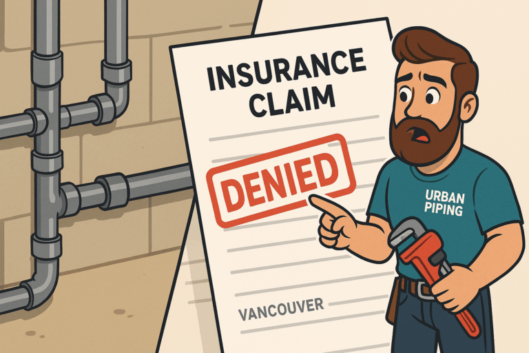 Cartoon plumber wearing Urban Piping shirt standing next to visible Poly B pipes and an insurance claim document stamped denied with Vancouver listed