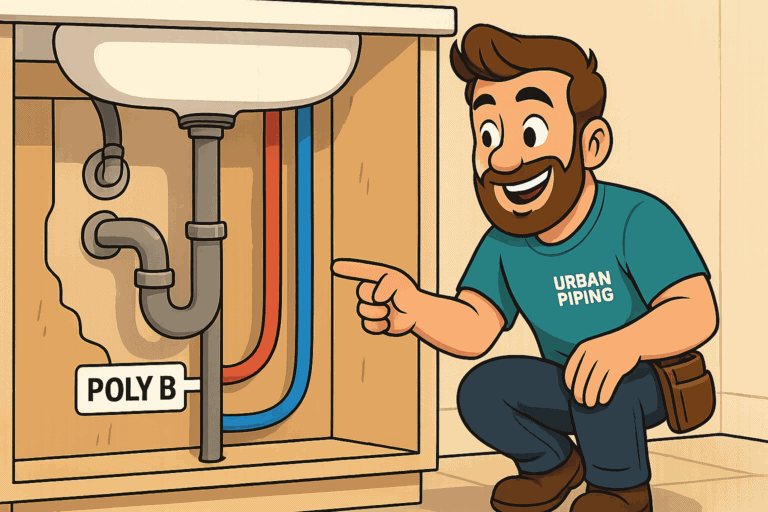 Smiling plumber in Urban Piping shirt inspecting poly b pipes under a sink, demonstrating awareness of plumbing issues for insurance in Edmonton