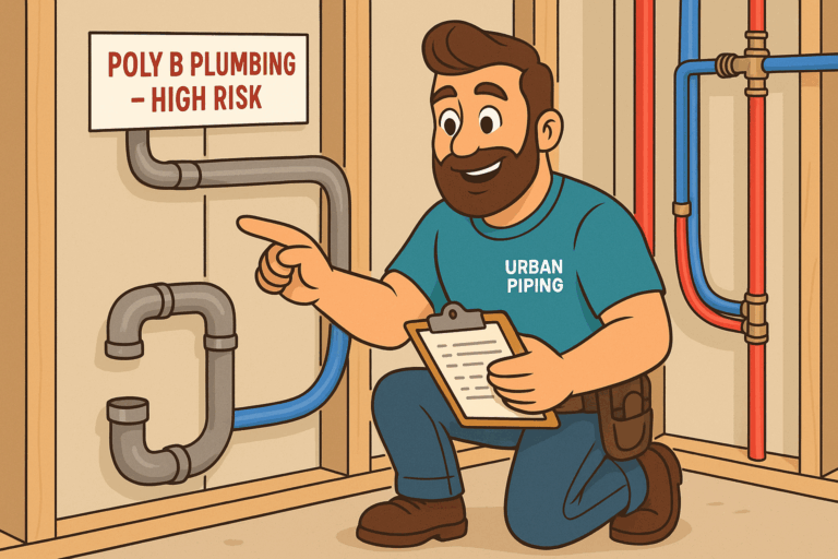 Cartoon plumber with clipboard labeled Urban Piping inspecting poly b plumbing pipes marked high risk in a residential wall, highlighting insurance concerns in Calgary