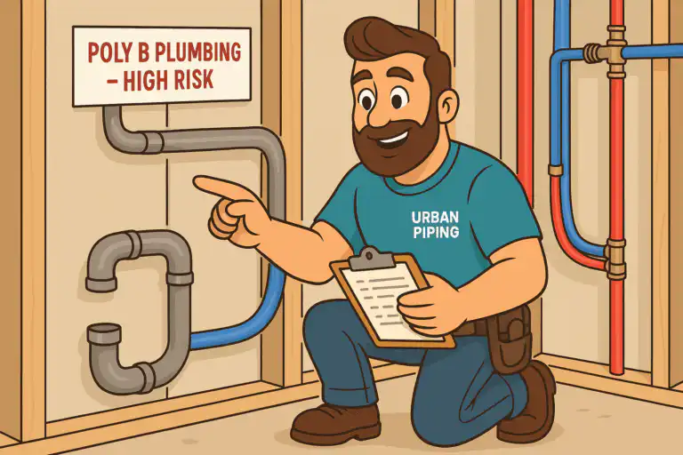 Cartoon plumber with clipboard labeled Urban Piping inspecting poly b plumbing pipes marked high risk in a residential wall, highlighting insurance concerns in Calgary