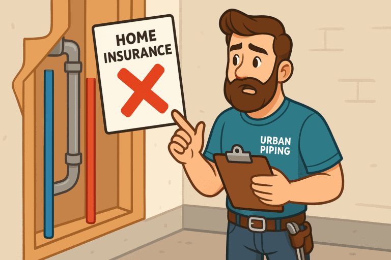 Cartoon plumber from Urban Piping inspecting exposed poly b pipes and showing concern next to a sign indicating declined home insurance