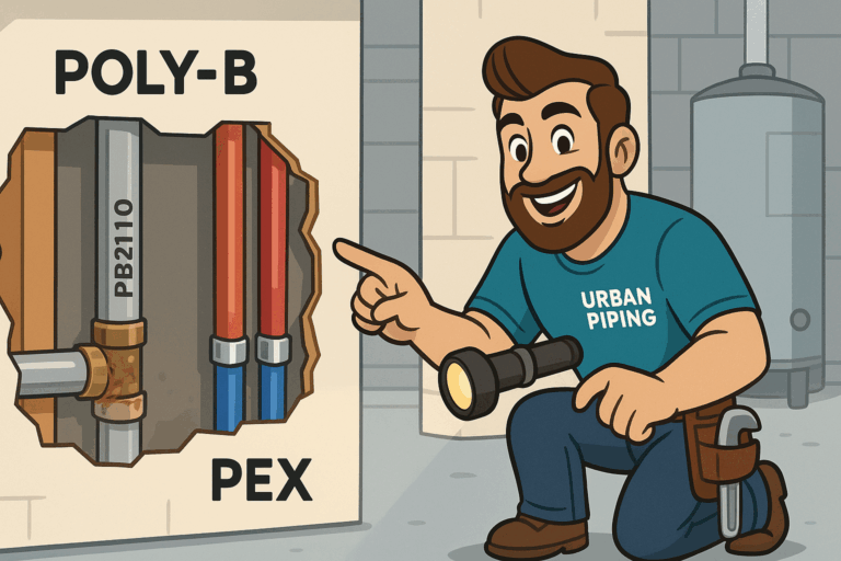 Cartoon plumber from Urban Piping examining poly b and pex pipes in a wall, illustrating the difference between PB2110 poly b and updated pex piping options