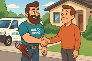 Urban Piping plumber shaking hands with a homeowner in front of a house and service van, symbolizing trustworthy poly b piping insurance services in Vancouver and surrounding areas