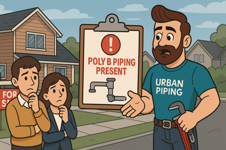 Cartoon plumber from Urban Piping explaining to concerned homeowners about poly b piping risk in front of a house with a for sale sign and a warning clipboard