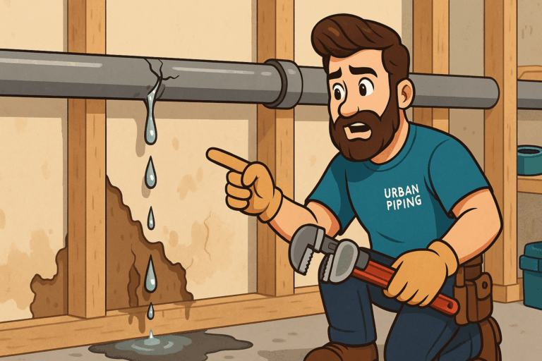 Calgary Poly B Pipe Timeline: When Deterioration Requires Action 2 Cartoon plumber from Urban Piping examining a leaking poly b pipe inside a wall, with water damage visible on the floor and wall studs