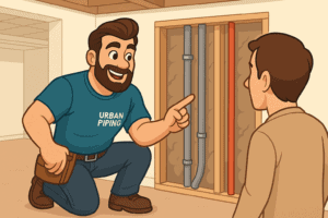 Plumber from Urban Piping showing homeowner exposed pipes in wall, demonstrating how to identify poly b plumbing in a residential basement in Calgary